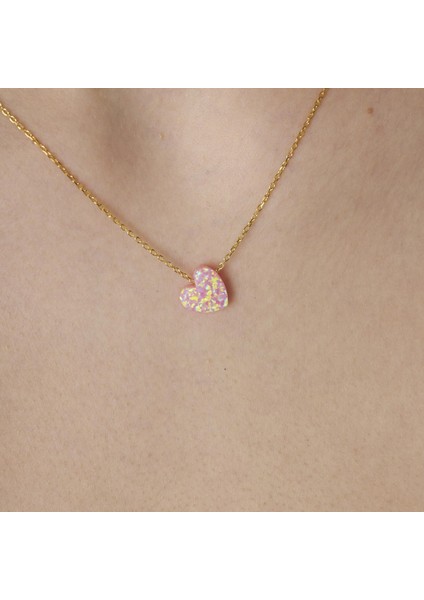 Orjinal Pembe Opal Kalp Kolye