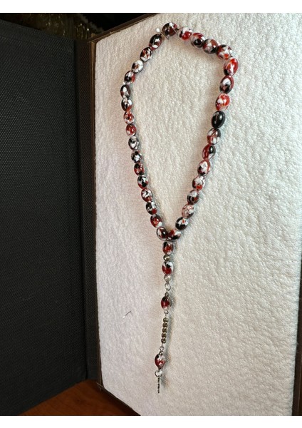 MOZAİK TOZ KEHRİBAR TESBİH SİYAH KIRMIZI RENKLİ HEDİYE 7MMX11MM T-287 fiyatları