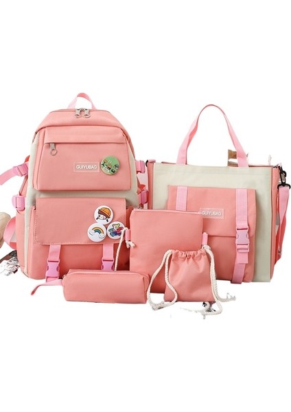 Kanvas Sırt Çantası Yeni Stil Ortaokul Öğrencisi Sırt Çantası Kadın Büyük Kapasiteli Kore Tarzı Beş Parçalı Öğrenci Okul Çantası (Yurt Dışından)