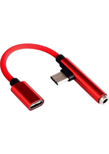 USB C Tip C - 3,5 mm Aux Kulaklık Adaptörü Şarj Kablosu - Kırmızı (Yurt Dışından)