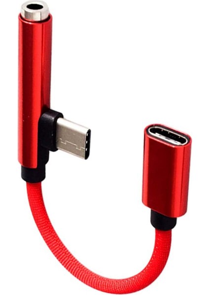 USB C Tip C - 3,5 mm Aux Kulaklık Adaptörü Şarj Kablosu - Kırmızı (Yurt Dışından)