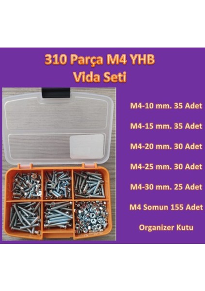 Bul End M4 Yhb Vida Somun Seti-310 Adet-Metrik 4 mm-Boy 10-15-20-25-30 Mm-Organizer Kutulu-4 mm Vida Somun