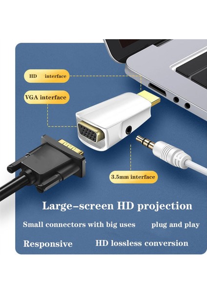 -Vga Adaptörü ile Uyumlu Hd 1080P Ses Dönüştürücü 3,5 mm Jack Ses Dönüştürücü Siyah+Beyaz ile Ses Iletimi (Yurt Dışından)