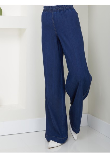 Ince Dökümlü Kadın Kot Pantolon Beli Lastikli Bol Paça Rahat Kesim 59035 modelleri