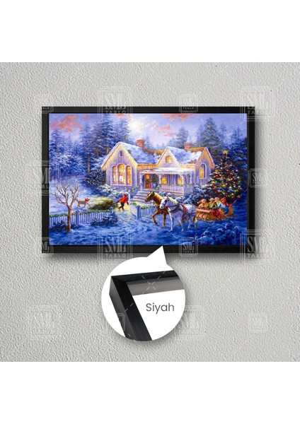 Huzurlu Kış Yılbaşı Yeni Yıl Noel Merry Christmas Doğa Mnazara Çerçeveli Yatay Kanvas Tablo