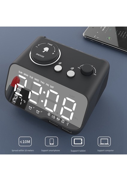 Dijital Çalar Saat Bluetooth Hoparlör Fm Radyo Sıcaklık Parlaklık Dimmer Zamanlayıcı Bluetooth Saat Siyah -Ab Tak (Yurt Dışından)