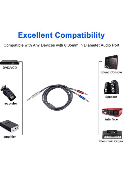 Ses Hattı, 6.35MM Erkek Jak - Çift 1/4 Inç Erkek Mono Koparma Kablosu Ses Kaydedici Için Ses Yama Kablosu -3 Metre (Yurt Dışından)