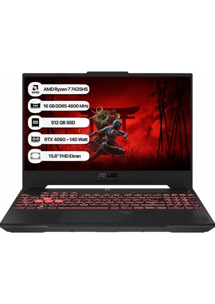 Tuf Gaming A15 FA507NVR-LP030 Amd Ryzen 7 7435HS 16 GB 512 GB SSD Rtx 4060-140WATT 144 Hz Freedos 15.6" Fhd Taşınabilir Bilgisayar