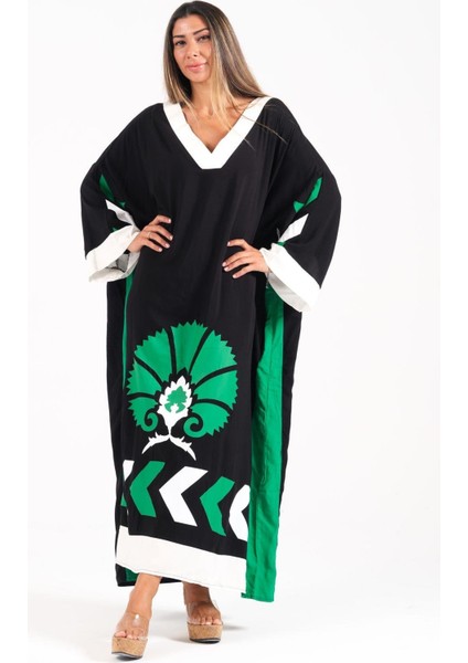 Kadın Siyah V Yaka Yarasa Kol Cepli Oversize Uzun Elbise