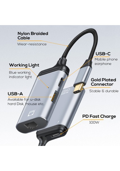3'ü 1 Arada Tip-C - Gigabit Ethernet RJ45 Lan Pd Şarj USB C Veri Bağlantı Noktası Dönüştürücü Adaptör Tv Pc S20 Için (Yurt Dışından)