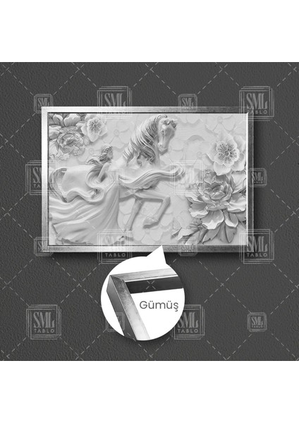 3D Efektli Elbiseli Kadın Beyaz At Kabartma Gül Çerçeveli Yatay Kanvas Tablo