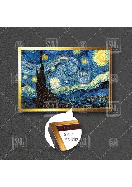 Van Gogh Yıldızlı Gece Tablosu Modern Sanat Yağlı Boya Efektli Çerçeveli Yatay Kanvas Tablo