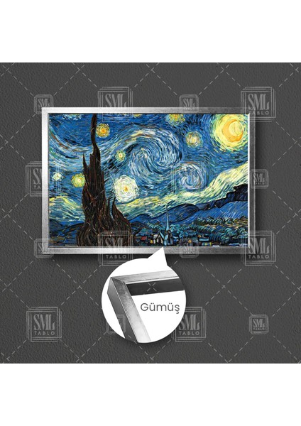 Van Gogh Yıldızlı Gece Tablosu Modern Sanat Yağlı Boya Efektli Çerçeveli Yatay Kanvas Tablo