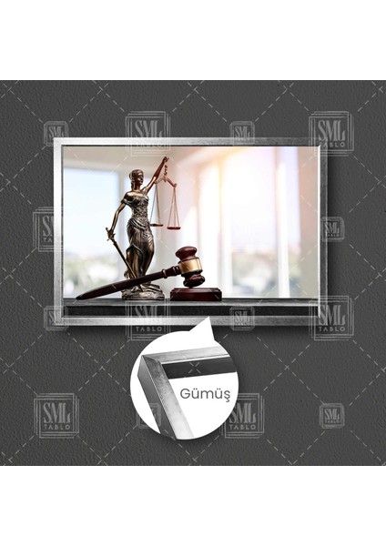 Themis Heykeli Kılıç Terazi Adalet Tokmağı Hakim Savcı Hukuk Bürosu Dekoratif Çerçeveli Yatay Kanvas Tablo