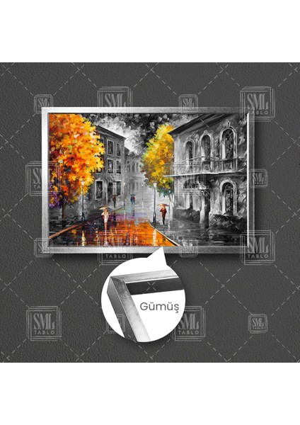 Gri Şehir Ağaçlar Sokakta Yüürüyen Şemsiyeli Insanlar Yansıma Çerçeveli Yatay Kanvas Tablo