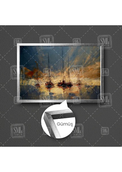 Denizdeki Yelkenli Gemiler Uçan Kuşlar Doğa Sahil Sanatsal Dekoratif Çerçeveli Yatay Kanvas Tablo