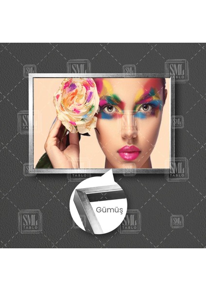Beyaz Gül Tutuan Kadın Makyaj Kuaför Güzellik Salonu Dekor Çerçeveli Yatay Kanvas Tablo