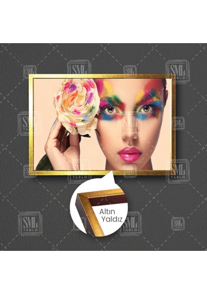 Beyaz Gül Tutuan Kadın Makyaj Kuaför Güzellik Salonu Dekor Çerçeveli Yatay Kanvas Tablo