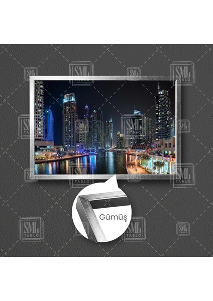 Gece Şehir Işıkları Altında Dubai Manzarası City Göl Çerçeveli Yatay Kanvas Tablo