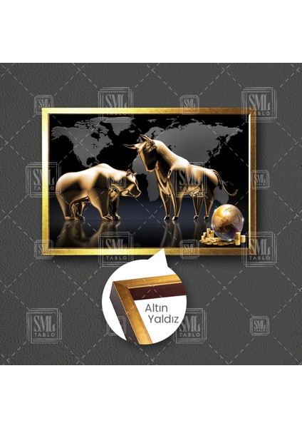 Borsa Altın Boğalar ve Ayılar Para Ekonomi Finans Büro Gold Lüks Dekor Çerçeveli Yatay Kanvas Tablo
