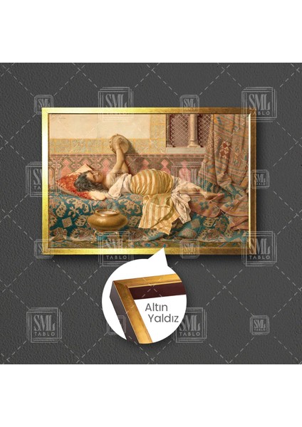 Francesco Ballesio Yatakta Uzanmış Tef Çalan Kadın Oryantelizm Dekor Çerçeveli Yatay Kanvas Tablo