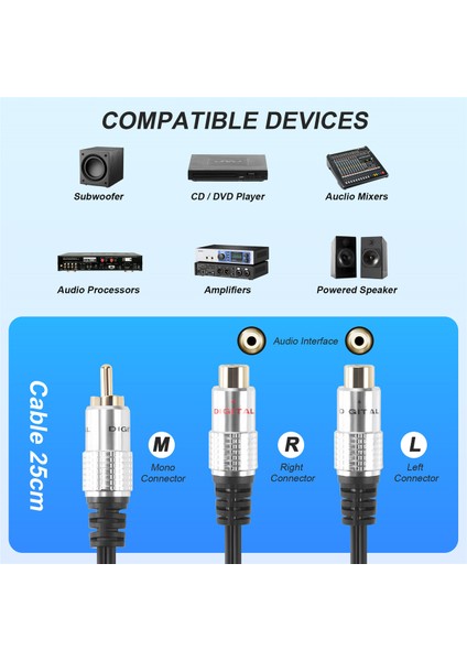 Metal Rca Dişi - Çift 2-Rca Erkek Altın Kaplama Adaptör, Stereo Ayırıcı Y Ses Kablosu (Rca F-2 Rca M) (1 Erkek - 2 Kadın) (Yurt Dışından)