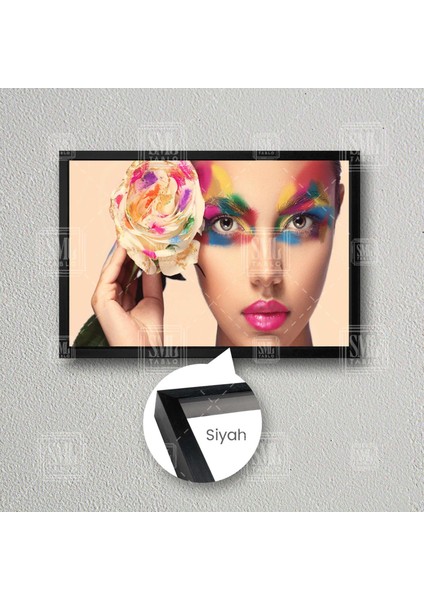 Beyaz Gül Tutuan Kadın Makyaj Kuaför Güzellik Salonu Dekor Çerçeveli Yatay Kanvas Tablo