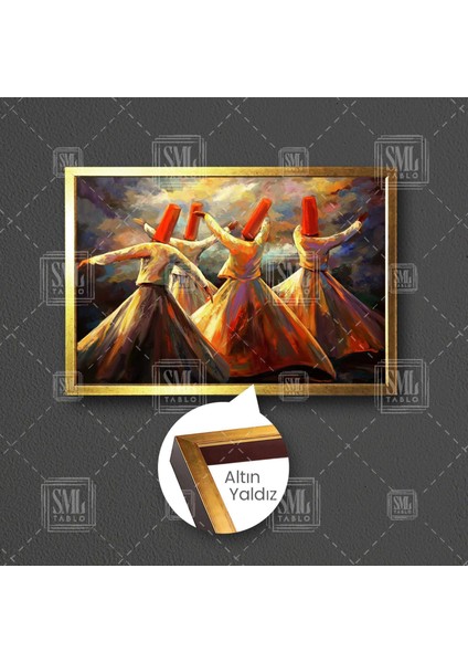 Semazen Gösteri Mevlana Yağlı Boya Efektli Dekor Çerçeveli Yatay Kanvas Tablo