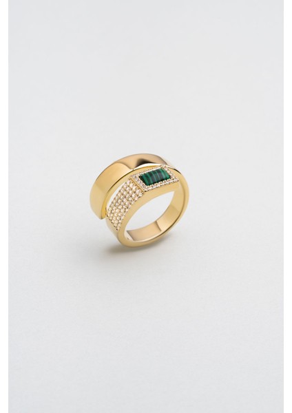 Tanrıça 18 Ayar Sarı Altın Kaplama Gümüş Malahit Yüzük