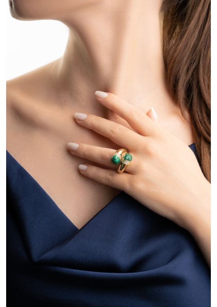 Euphoria 18 Ayar Sarı Altın Kaplama Gümüş Malahit Yüzük fiyatları