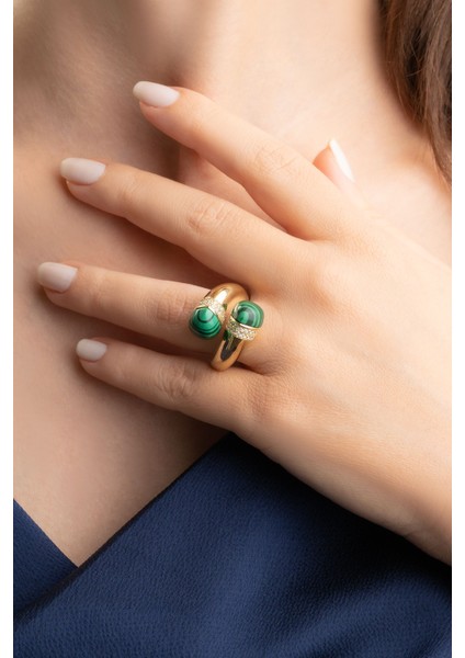 Euphoria 18 Ayar Sarı Altın Kaplama Gümüş Malahit Yüzük modelleri