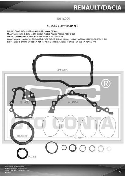 OTC-40116004 Alt Takım Contası R19-CLIO 1.4 8V Enje...