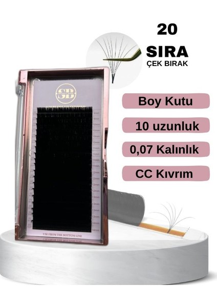 Çek Bırak İpek Kirpik, CC Kıvrım, 0.07 Kalınlık, Boy Kutu 10 mm Uzunluk, 20 Sıra