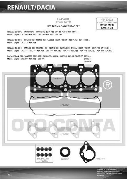 Oto Conta  OTC-42457003S Üst Takım Contası Clıo-Kng-Mgn-Logan-...