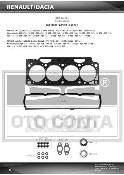 OTC-40134003 Üst Takım Contası Lgn 1.8-2.0 Keçeli S...