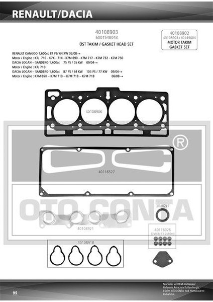 OTC-40108903 Üst Takım Contası Dacıa Logan 1.4-1.6 ...