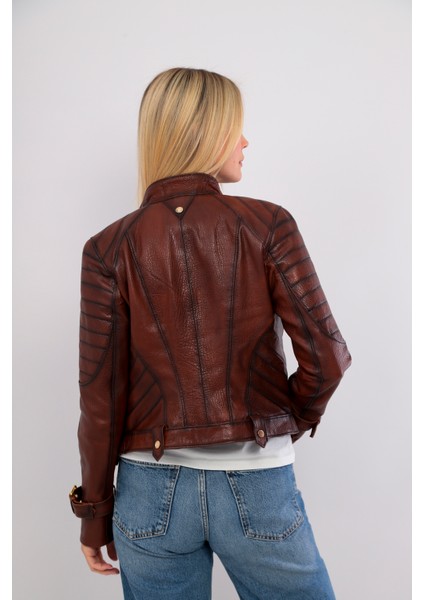 Vintage Kahverengi Kadın Deri Ceket modelleri