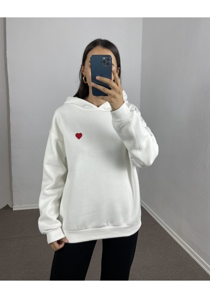 Ekru Kalp Nakışlı Oversize Sweatshirt L