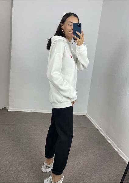 Ekru Kalp Nakışlı Oversize Sweatshirt L