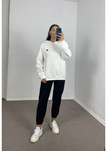 Ekru Kalp Nakışlı Oversize Sweatshirt L