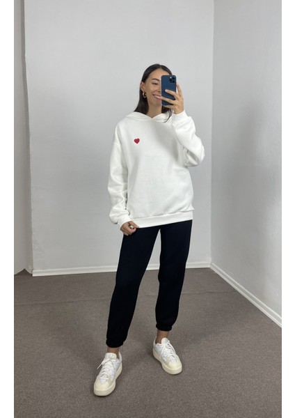 Ekru Kalp Nakışlı Oversize Sweatshirt L