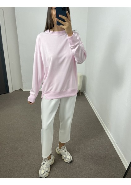 Toz Pembe Yanları Yırtmaçlı Sweatshirt M