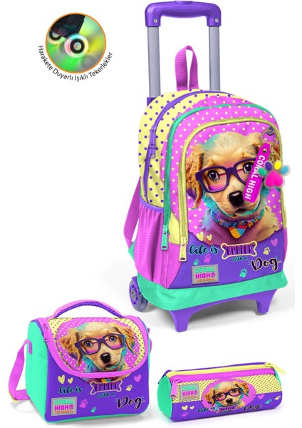 Kids Sarı Pembe Sevimli Köpek Desenli Üç Bölmeli Çekçekli 3'lü Çanta Seti SET0123952