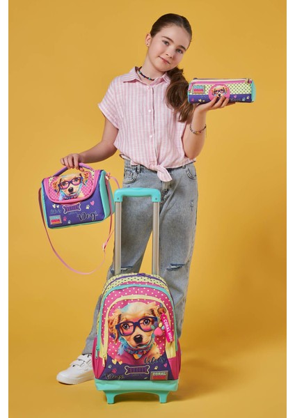 Kids Sarı Pembe Sevimli Köpek Desenli Üç Bölmeli Çekçekli 3'lü Çanta Seti SET0123952