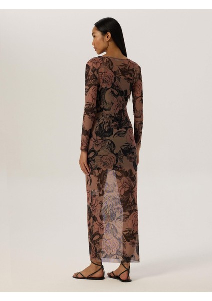 Geniş Bisiklet Yaka Uzun Kol Maxi Boy Tül Elbise - Dövme Desenli fiyatları