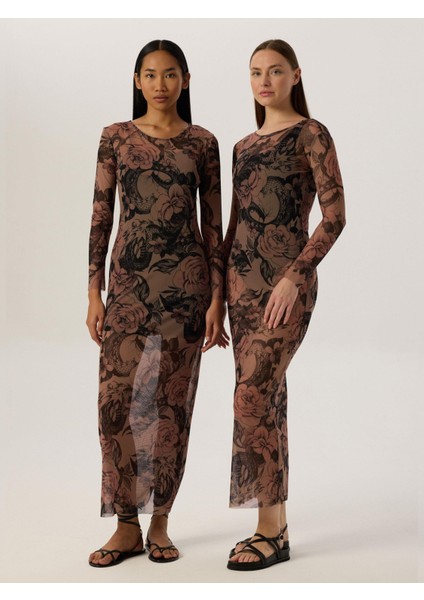 Geniş Bisiklet Yaka Uzun Kol Maxi Boy Tül Elbise - Dövme Desenli fırsatları