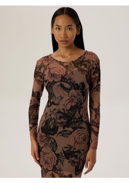 Geniş Bisiklet Yaka Uzun Kol Maxi Boy Tül Elbise - Dövme Desenli indirimleri