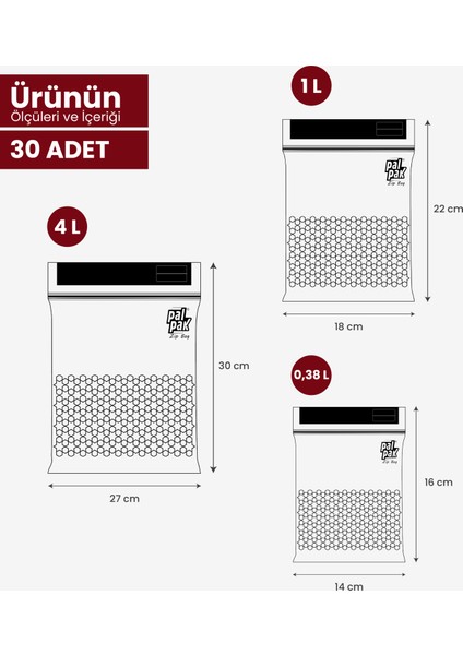 Zipbag Premium - Çok Amaçlı Kullanılabilir Kilitli, Buzdolabı Poşeti 30 Adet (10 S / 10 M / 10L)