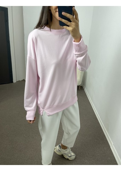 Toz Pembe Yanları Yırtmaçlı Sweatshirt L