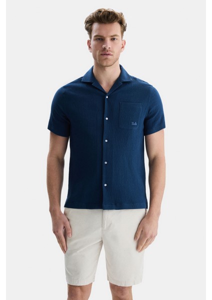 Dısmas Lacivert Müslin Nakışlı Standard Fit Erkek Gömlek